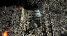 Bomb damage to a building in Donetsk, Ukraine.