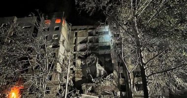 Bomb damage to a building in Donetsk, Ukraine.
