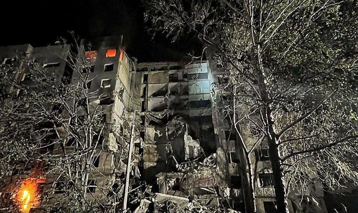 Bomb damage to a building in Donetsk, Ukraine.