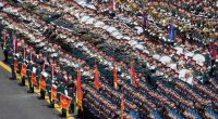 Military band playing in Red Square during a Victory Day parade.