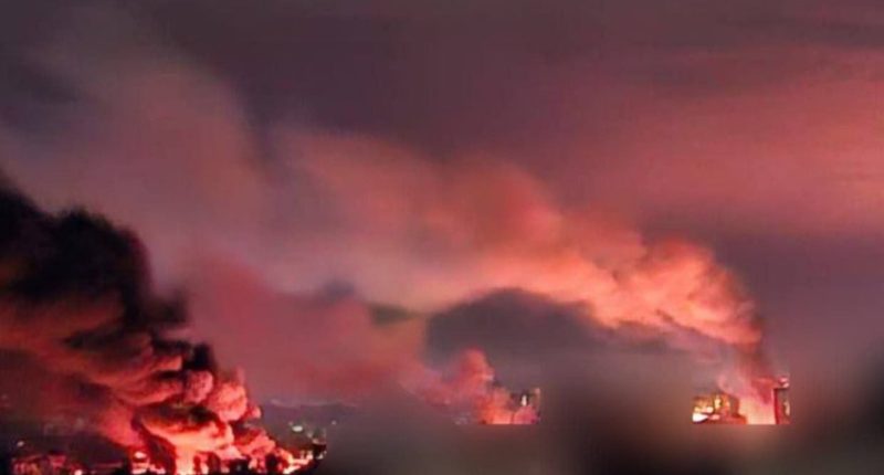 Large fire at night.