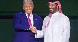 Donald Trump and Mohammed bin Salman shaking hands at an investment forum.