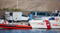 Person on phone near Guardia Costiera boat at port.