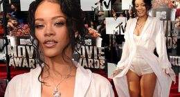 Rihanna looks ready for bed in robe and playsuit at MTV Movie Awards