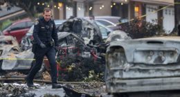 Police officer surveying the scene of a plane crash that damaged several cars.