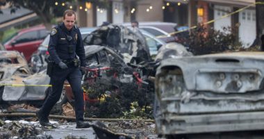 Police officer surveying the scene of a plane crash that damaged several cars.
