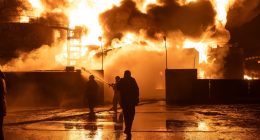 Firefighters battling a large fire at a gas station.