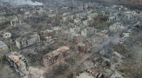 Aerial view of destroyed buildings in Toretsk, Ukraine.
