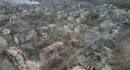Aerial view of destroyed buildings in Toretsk, Ukraine.