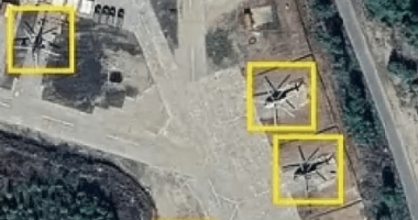 Satellite image showing Russian helicopters near the Finnish border.