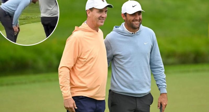 Scottie Scheffler couldn't contain himself after Peyton Manning's tee shot struck house