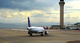 United Airlines Airbus A320 taxiing at Denver International Airport.