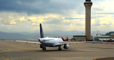 United Airlines Airbus A320 taxiing at Denver International Airport.