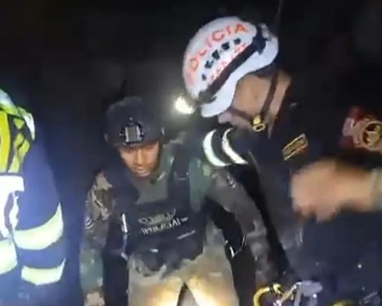 Security personnel assisting a person in a dark setting.