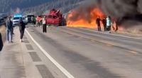 An image collage containing 1 images, Image 1 shows Burning vehicle on a highway with people watching