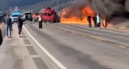 An image collage containing 1 images, Image 1 shows Burning vehicle on a highway with people watching