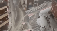 Snowstorm in a town.
