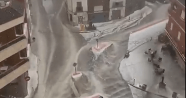 Snowstorm in a town.