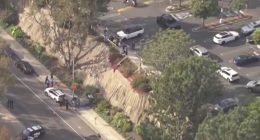 Aerial view of a car accident scene with emergency responders.