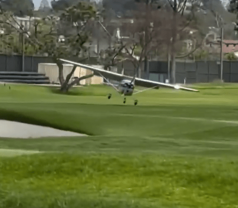 Small plane landing on a golf course.