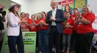 Australian Prime Minister Anthony Albanese alongside Labor's Candidate for Dickson, Ali France (L) visit a campaign office in the suburb of Strathpine on May 02, 2025 in Brisbane, Australia.