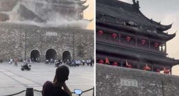 This screengrab taken from a video shows roof tiles collapsing from a centuries-old Chinese drum tower in Anhui, China, on May 19, 2025.
