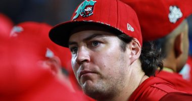 Trevor Bauer #96 of the Diablos Rojos during a baseball game.