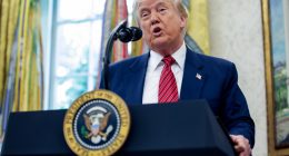 President Trump speaking at a podium in the Oval Office.