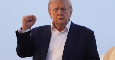President Donald Trump arrives on Air Force One at Joint Base Andrews, Md., Sunday, May 4, 2025. (AP Photo/Manuel Balce Ceneta)