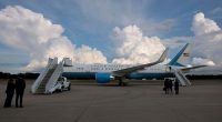 Air Force One sits on the tarmac at Tuscaloosa National Airport.