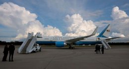 Air Force One sits on the tarmac at Tuscaloosa National Airport.