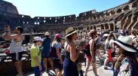 Tourists at the Colosseum in Rome.