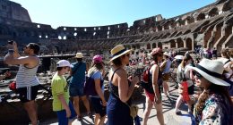 Tourists at the Colosseum in Rome.