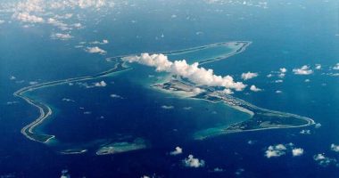 Aerial view of Diego Garcia, the largest island in the Chagos Archipelago.