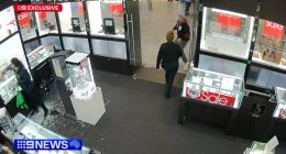 Security camera footage of a jewelry store robbery; a man is tackled by a bystander.