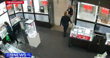 Security camera footage of a jewelry store robbery; a man is tackled by a bystander.