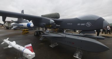 Jiu Tian jet drone and weaponry at an airshow.