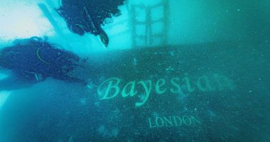 Underwater photo of divers exploring the sunken Bayesian yacht.