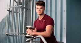 An image collage containing 1 images, Image 1 shows Ben Francis, founder of Gymshark, holding a dumbbell