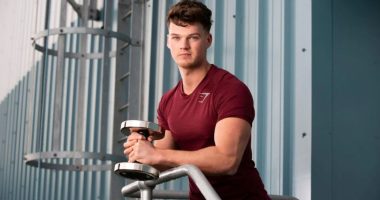 An image collage containing 1 images, Image 1 shows Ben Francis, founder of Gymshark, holding a dumbbell