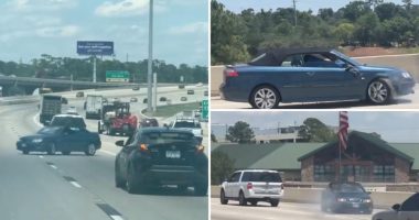 Wild video shows towed car swinging around Texas highway