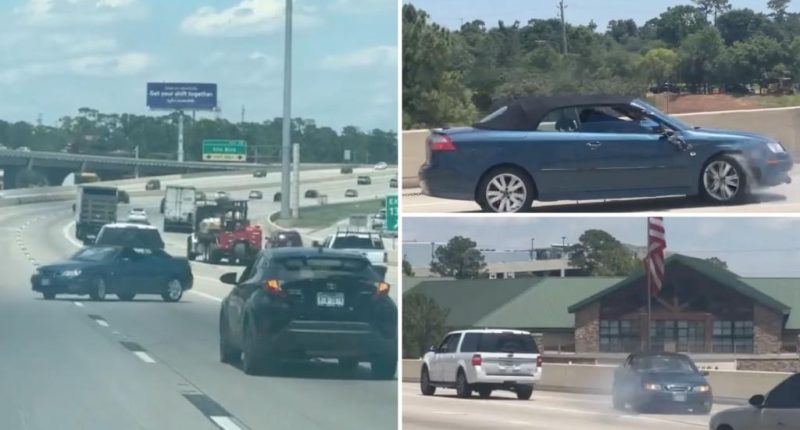Wild video shows towed car swinging around Texas highway