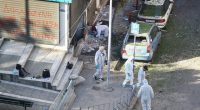 Forensic experts investigating a bomb explosion scene.