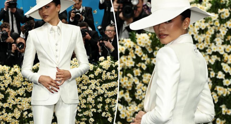Zendaya suits up in white on the Met Gala 2025 red carpet
