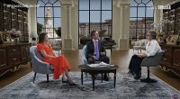 Charlotte Griffiths (left), Richard Eden (centre) and host Jo Elvin (right) on the latest episode of Palace Confidential