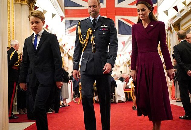 Prince George walks in front of his parents as they arrive for a tea party organised for the veterans at Buckingham Palace on Monday