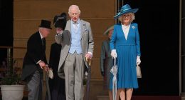 The monarch, 76, looked dapper in his grey and baby blue three-piece suit as he looked out over thousands of people who arrived for the event at Buckingham Palace on Wednesday afternoon