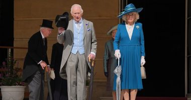 The monarch, 76, looked dapper in his grey and baby blue three-piece suit as he looked out over thousands of people who arrived for the event at Buckingham Palace on Wednesday afternoon