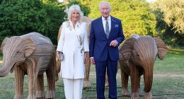 Charles and Queen Camilla are pictured attending the Elephant Family Evening of Art and Conservation at Kew Gardens on Tuesday evening