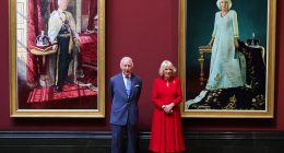 The King and Queen pose with their official Coronation state portraits at the National Gallery